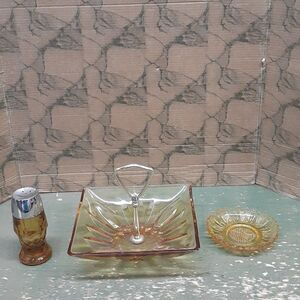 MCM amber glass ashtray, tray/dish, and salt shaker 3- pc bundle